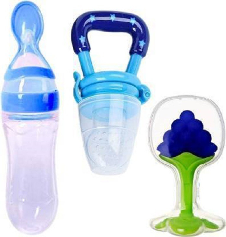 little monkeys BABY food feeder for semi solid food ,fruit rattle for juicy fruits,teether BPA free silicon  - steel(Blue)