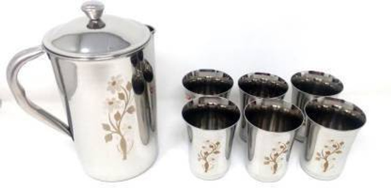 mannu 1800 ML FLOWER/LASER JUG AND 06 LASER GLASS Jug Glass Set (STEEL)set of 7 Jug Glass Set(STAINLESS STEEL)