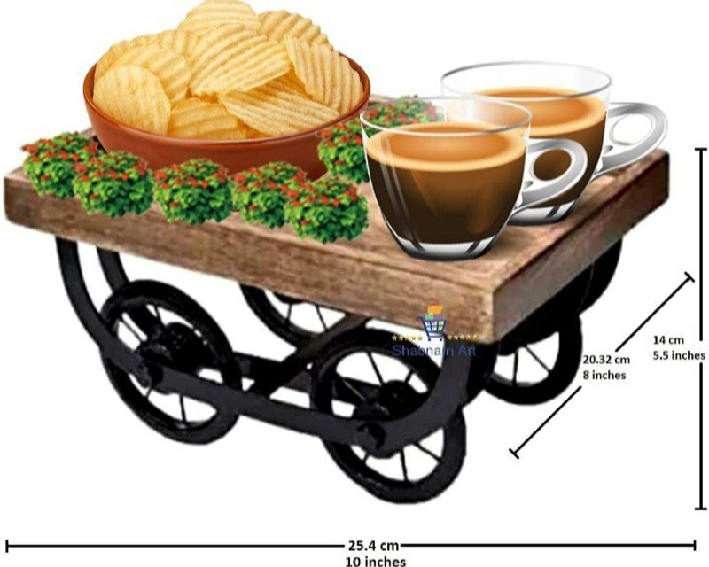 Shabnam Art Antique Home Decor Handmade Wood & Wrought Iron Thela Trolly, Snacks Serving Trays Wooden Platter Moveable Wheels for Serving Tea and Snacks, Thela Trolly Style Tray Tray Serving Set(Pack of 1)