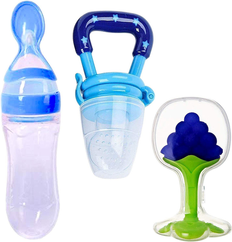 Kidsify Baby Cereal Rice Paste Squeeze Feeding Milk Bottle Food Feeder & Baby Fruit Nibbler Soother & Silicone Teether (Combo Pack)  - Silicone(Blue)