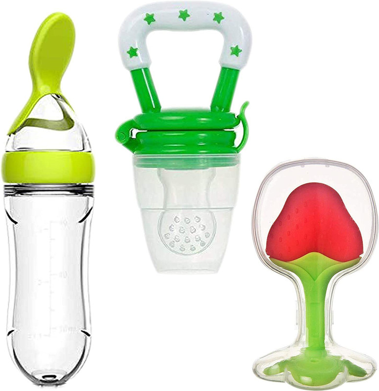 Kidsify Baby Cereal Rice Paste Squeeze Feeding Milk Bottle Food Feeder & Baby Fruit Nibbler Soother & Silicone Teether (Combo Pack)  - Silicone(Green)