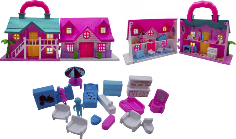 Toy Cloud Portable Funny Girls Doll House Play Set | 19Pcs | 100% Non-Toxic BPA Free Plastic| Big Dream House Lovely Classic Shape N Design(Pink, Green)