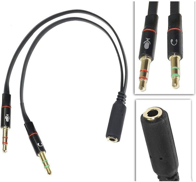 Finate Black Flat Cable with Gold Plated 2 Male to 1 Female 3.5mm warp Dash Earphone Mic Audio Y Splitter Cable Cord Charging & sync Phone Converter(Android, iOS)