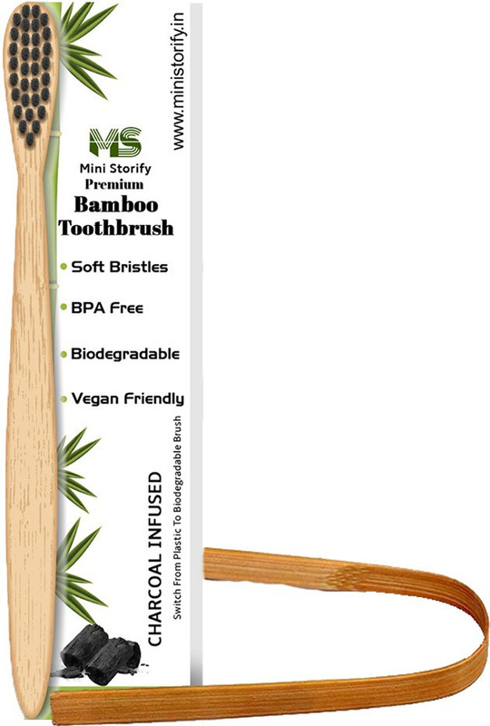 Mini Storify 1 Adults Bamboo Toothbrush and 1 Tongue Cleaner Combo Pack - Activated Charcoal, Biodegradable Handle, Natural, Mouth Care, Oral Cleaning Soft Bristles, Eco-Friendly, BPA Free(2 Items in the set)