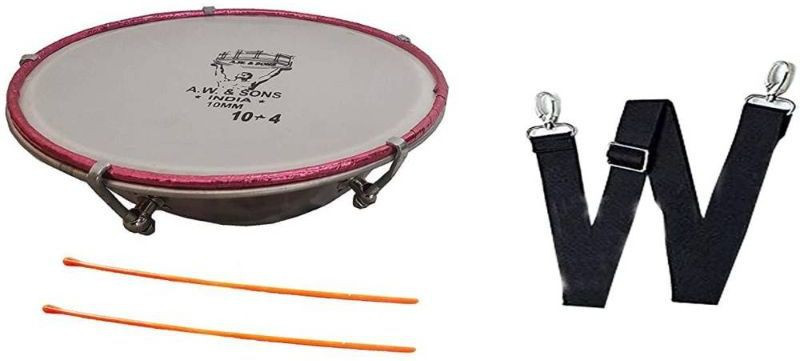 KANHA HUB Dhol Tasha Drum 10 inch (10x4) with Stick Nut & Bolts Dholak (Silver) Acoustic 1 Drum Kit Set(Student, Professional)