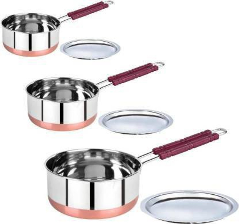 Slate Stainless Steel Saucepan set with lid Copper Bottam Serving Set Sauce Pan Set,Milk pot,Patila,Bhagona,Water Boiler Pan, Sauce pot Sauce Pan 19 cm, 17 cm, 15.5 cm diameter with Lid 2 L, 1.5 L, 1 L capacity(Stainless Steel, Copper, Induction Bottom)