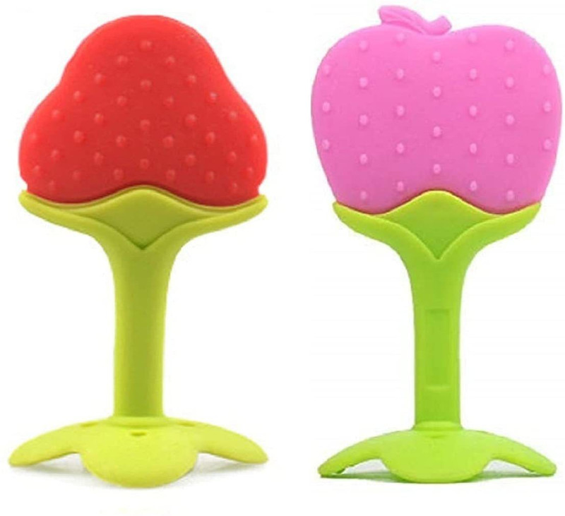 Kidsify Baby Fruit Shape Silicone Teethers Soft Stick Chews Nibbler for Baby Dental Care BPA-Free for Infants Baby (Pack of 2) Teether(Red,Pink)