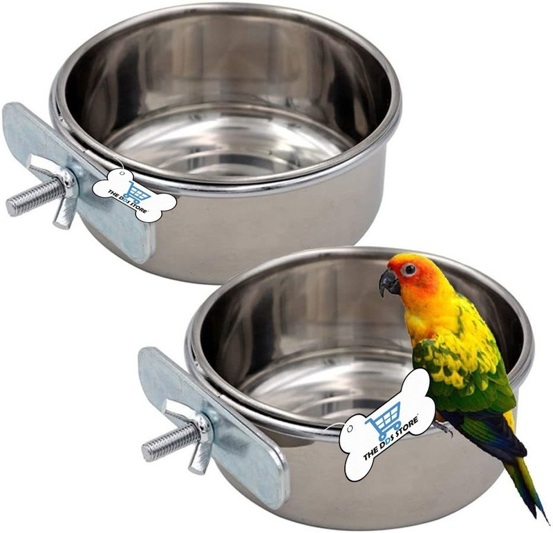 THE DDS STORE Bird Feeding Dish Cups, Parrot Food Bowl Holder-Stainless Steel Coop Cup, Bird Cage Water Bowl for Parakeet African Greys Conure Cockatiels Lovebird Budgie Chinchilla Clamp Holder 500.ml Pack of 2 ROUND Steel Pet Bowl(500 ml Steel)