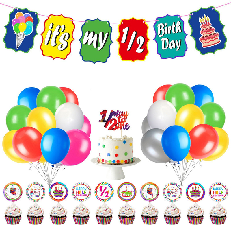 ZYOZI Half Birthday Baby Shower First Birthday Party Decorations 1 Set Banner Half Birthday Banner + 1 Pcs Cake Topper + 10 Pcs Cup Cake Topper + 25 Pcs Multicolour Balloons ( Pack of 37)