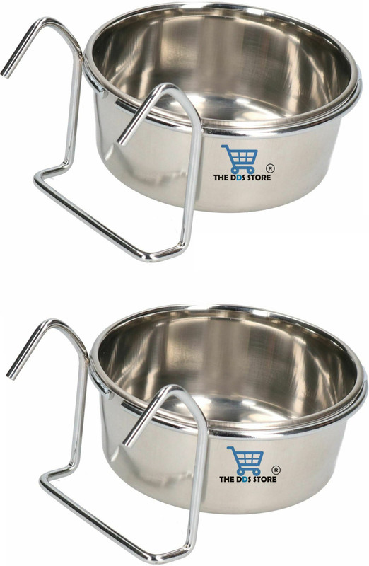 THE DDS STORE Bird Feeding Dish Cups, Parrot Food Bowl Holder-Stainless Steel Coop Cup, Bird Cage Water Bowl for Parakeet African Greys Conure Cockatiels Lovebird Budgie Chinchilla Hook Holder 300.ml Pack of 2 ROUND Steel Pet Bowl(300 ml Steel)