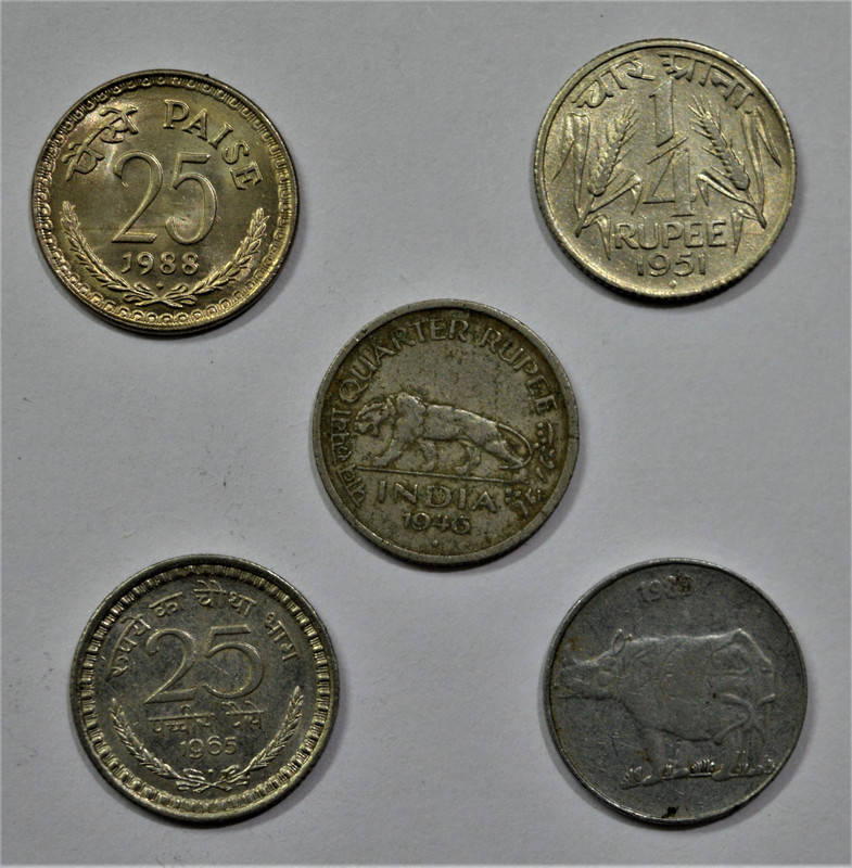 Sansuka India Old Vintage quarter rupee 1/4 rupee 5 different set Modern Coin Collection(5 Coins)