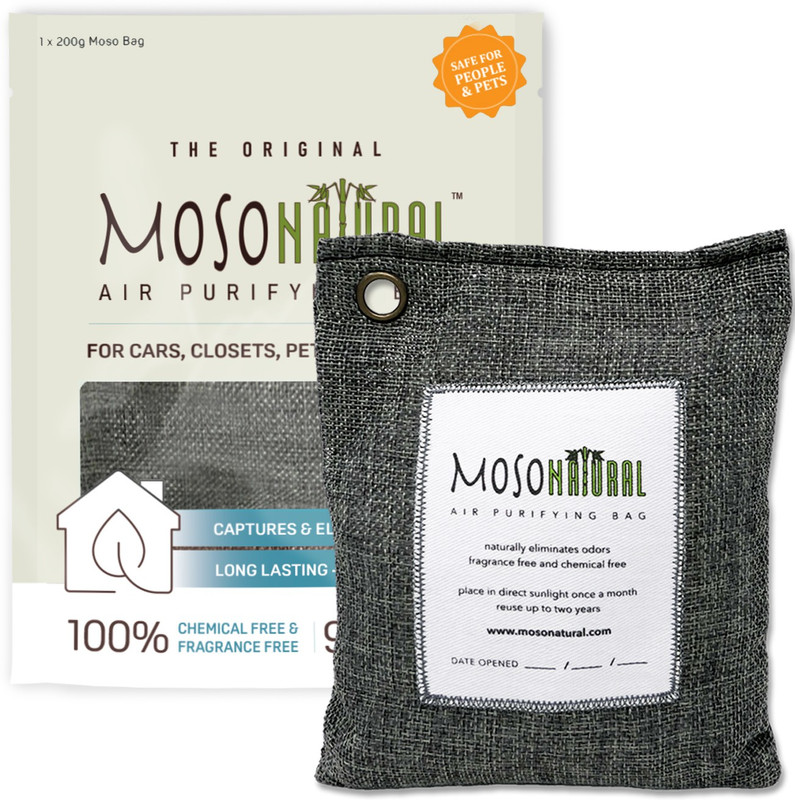 Moso Natural An Unscented-Chemical-free Odor Eliminator Car Freshener Blocks Air Purifying Bag Odor Eliminator for Cars, Closets, Bathrooms and Pet Areas 200g (Charcoal)(1)