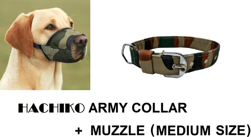 Hachiko Best Quality Premium Dog Belt Collar Military Army Printed Padded Collar+Dog Mouth Dog Collar Combo of 2 Dog Army Printed Collar+Dog Mouth Muzzle Dog Everyday Collar(Large, ARMY)