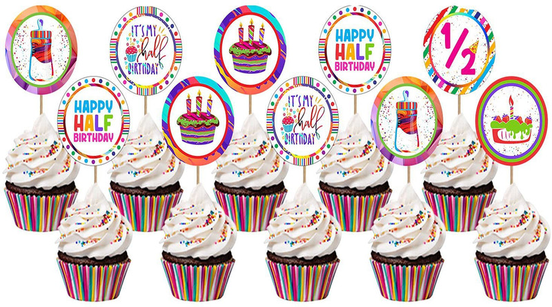 ZYOZI Half Birthday Theme Combo (Cup Cake Topper) Cupcake Topper(multicolor Pack of 10)
