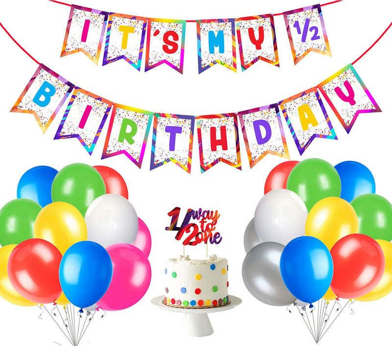 ZYOZI 1 Set It My Half Birthday Banner + 1 Pcs 1/2 Birthday Cake Topper + + 25 PCs Multicolour Balloons for 1/2 Month Birthday Decoration Items,6th Month Birthday Decoration (Pack of 27)(Set of 27)