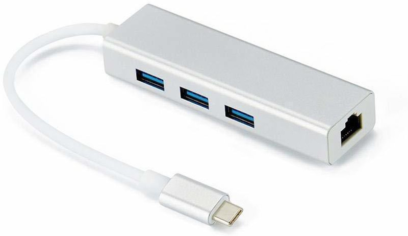 LipiWorld Type c to 3-Port USB 3.0 Hub with RJ45 LAN Type c to LAN+Hub-Silver USB Adapter(Silver)