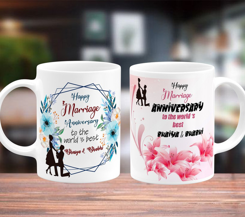 TrendoPrint Happy Anniversary Bhaiya And Bhabhi (Best Happy Anniversary Gifts Anniversary Gift For Bhaiya Brother Bro Bade Bhaiya Bhai Big Brother Sister In Law Bhabhi Daughter In Law) Printed Tea Ceramic Coffee Mug(350 ml, Pack of 2)