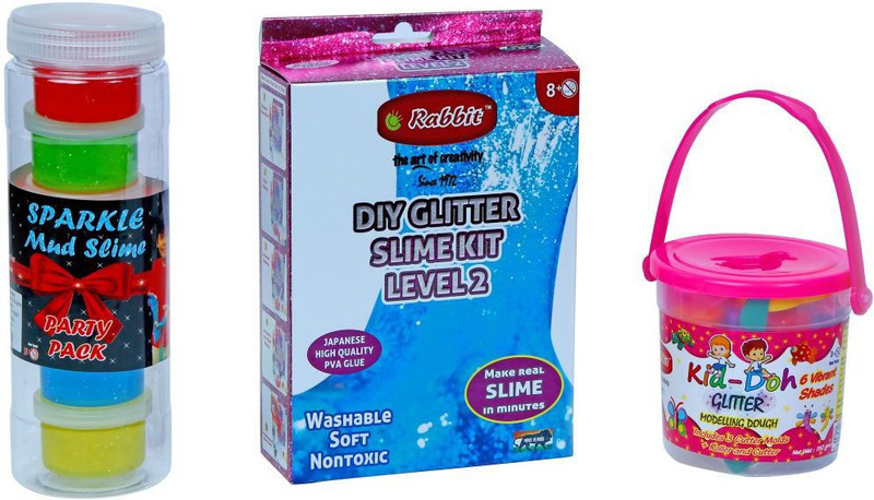 Rabbit DIY Glitter Slime Kit Level 2+Glitter Kid Doh Bucket+ Sparkle Party Pack|Slime Making Set|DIY Kits|Slime|Sand for Kids|Fun with Slime|Sand Slime Kit|Kinetic Sand for Kids with moulds|Make your own slime at home|Play Sand Slime for Kids|Ideal For Age 5+ Multicolor Putty Toy