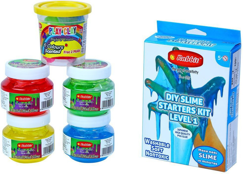 Rabbit Crystal Mud Slime Pack of 4 +DIY Starters Slime Kit Level 1+Play Clay 6 Colors|Colorful Slime for Kids|Play Slime for Kids|Play Slime Set for Kids|Slime Making Kit|Fun with Slime|Play Clay for Kids|Play Clay Slime|Slime Kit for Kids|Slime Set|Ideal age 3+ Multicolor Putty Toy