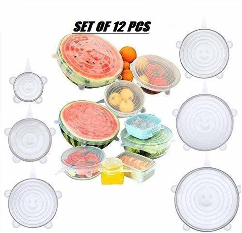 Gyanvi Gyanvi Silicon Stretch Lids Covers Reusable Food Container Cover Seal for Microwave Safe, Kitchen, Bowl, Cups, Mugs, Utensils, Glasses, Cans, Plates-Set of 12 with Various Sizes (Free Size) 3.93 inch, 4.72 inch, 2.55 inch, 6.29 inch, 7.08 inch, 7.87 inch Lid Set, Pack of 12(Plastic)