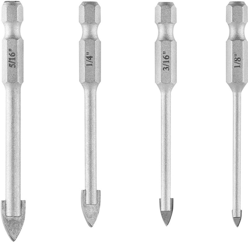 uptodateprouducts 4 Piece Glass Tile Drill Bits Set Tungsten Carbide Tipped Spear Head Ceramic Tile Marble Mirror Drill Bits Drill Hex Shank Glass Drill Bits Set