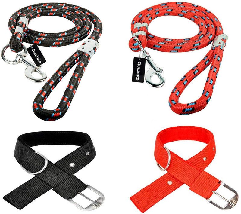 Quickato Dog Belt Combo of 1.5 inch Nylon Dog Collar with Heavy Dog Leash 1.5m Lengthy Dog Collar Leash, Specially for Big Dogs Dog Collar & Leash 150 cm Dog Strap Leash(Orange, Black, Red)