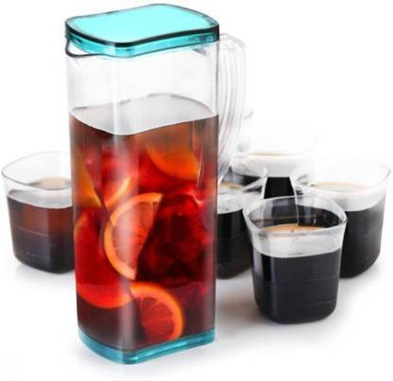 Finner Water WATER SQUER PLASTIC UNBRACBLE HEAVY PLASTIC JUG WITH 6 PCS UNBRACKBLE GLASS SET (FINISH :- PLASTIC ) Jug (Plastic) Jug Glass Set(Plastic)