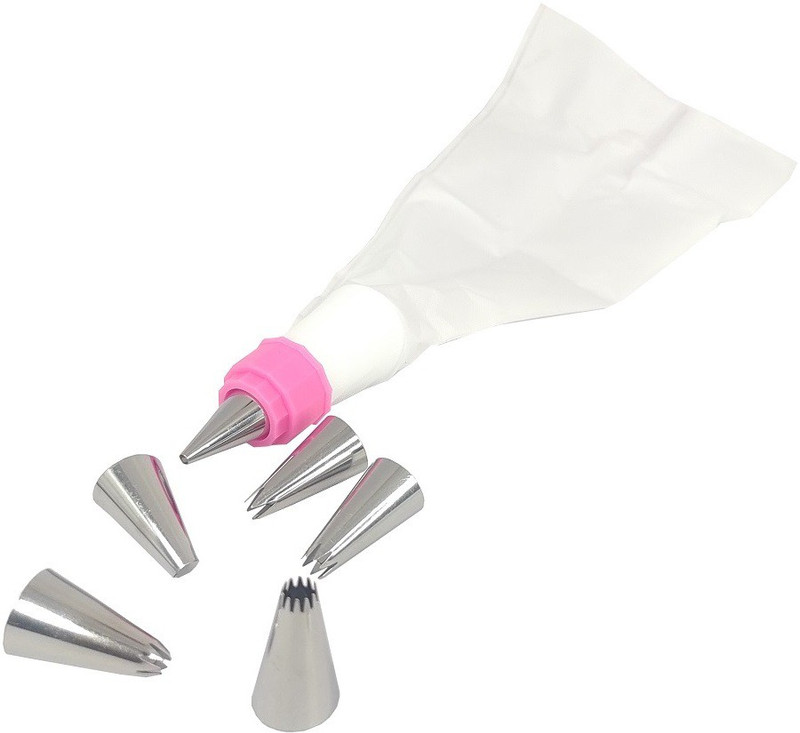 Stylewell 6 Pcs Funnel Frosting Icing Cream Syringe Piping Bag Tips With Steel Nozzles Pastry Muffin Cookie Jelly Fruit Biscuit Dessert Cake Reusable And Washable Backing Decorating Kitchen Tool Set Steel Cake Server(White, Pack of 1)