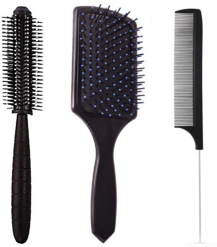 SANDIP pack of 3 hair brush-Rectangular Cushion Brush(1) & round Blow Drying Roller Hair Brush(1) & Black Carbon Rat tail , Sectioning comb with Steel Handle with Non-skid Paddle for hair styling (1)