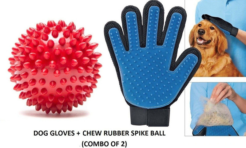 Hachiko Best Quality Dog Grooming Gloves + Chew Rubber Toy Dumbbell Cleaning Hair Brush Comb Animal Massage Hair Removal Dog Grooming True Touch Shedding Brush Bath Gloves for Pet (Combo of 2) Fits All Grooming Gloves for Dog, Cat, Hamster(Blue, Black, Red, Large)