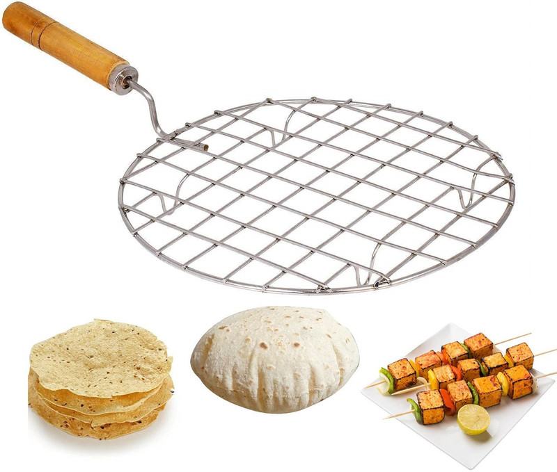 chapo Jali Roti Roast Grill Papad Roaster Chapati Toast Grill Wooden Handle Paneer Tandoor Net-Round Shape (pack -1) 0.5 kg Roaster(Silver)