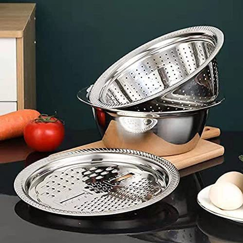 EVURAAJ ENTERPRISE 6 in 1 Kitchen Multipurpose Kitchen Stainless Steel Bowl, Drain Basket, Julienne Graters for Vegetable Cutter,Vegetable/Fruit Grater Kitchen Mesh Strainers(Set of 1 Strainer(Steel Pack of 2)