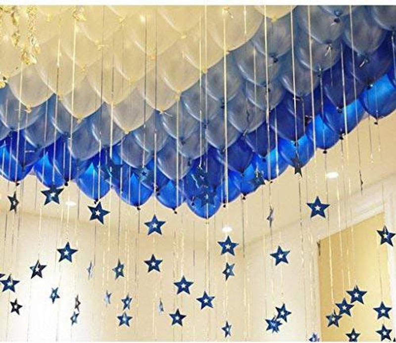 Party Propz Blue Glitter Stars & Tinsel Curtain Hanging Balloon Swirls 72Pcs Ceiling Decorations - Blue (Balloons Not Included)