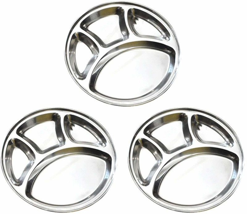 RBGIIT Stainless Steel Bhojan Thali Round, 4 Compartment Divided Dinner, Lunch Plate K1 Sectioned Plate(Pack of 6, Microwave Safe)