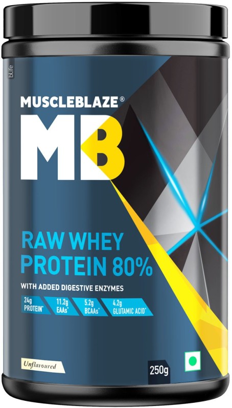 MUSCLEBLAZE Raw Whey Protein Concentrate 80% with Added Digestive Enzymes, 8 Servings Whey Protein(250 g, unflavoured)