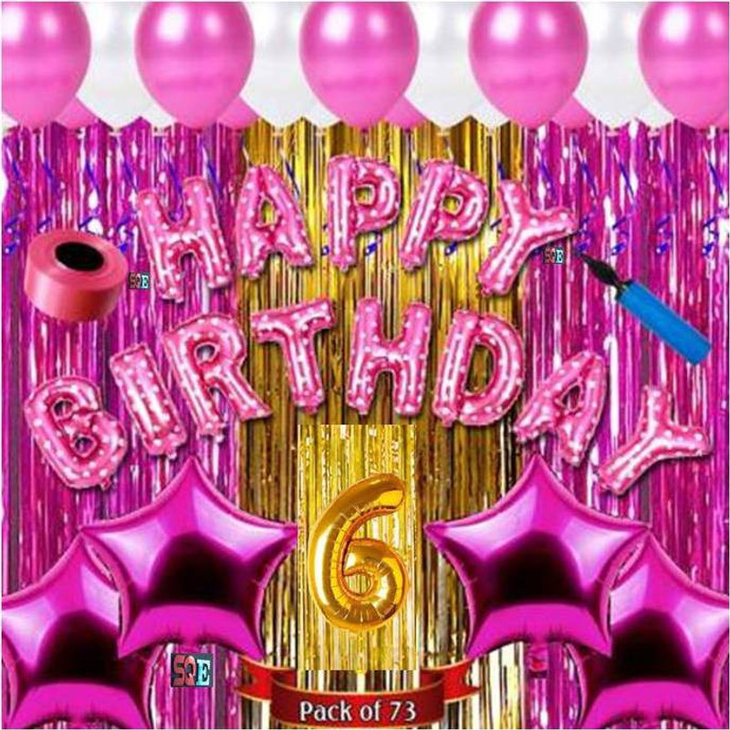 SQE Solid SIX / 6th happy birthday combo/kit material for party decorations Balloon(Pink, Pack of 73)