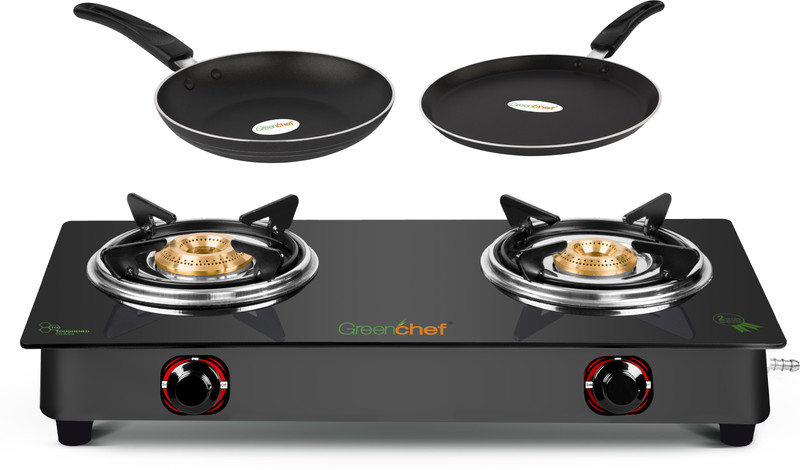 Greenchef Ebony Special Combo- 2 Burner GlassTop Stove + 250MM Tawa + 240MM Fry Pan Glass Manual Gas Stove