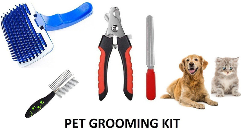 Hachiko High Quality Multi Ultra- Dog & Cat Grooming Kit Pet Nail Clipper + Comb + Slicker Brush Trimmer Brush Shedding Removes Loose Undercoat, Slicker Brush for Pet Massage, Self Cleaning Plastic Slicker Brush With Press Key Slicker Brushes for Dog, Cat, Rabbit, Hamster