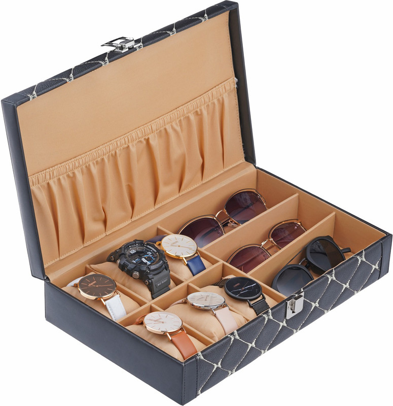 Valley PU Leather Sunglasses case , goggles box , eyeglasses organizer and wrist watch box ,watch case , jewelry storage box Watch Box(Black, White, Holds 9 Watches)