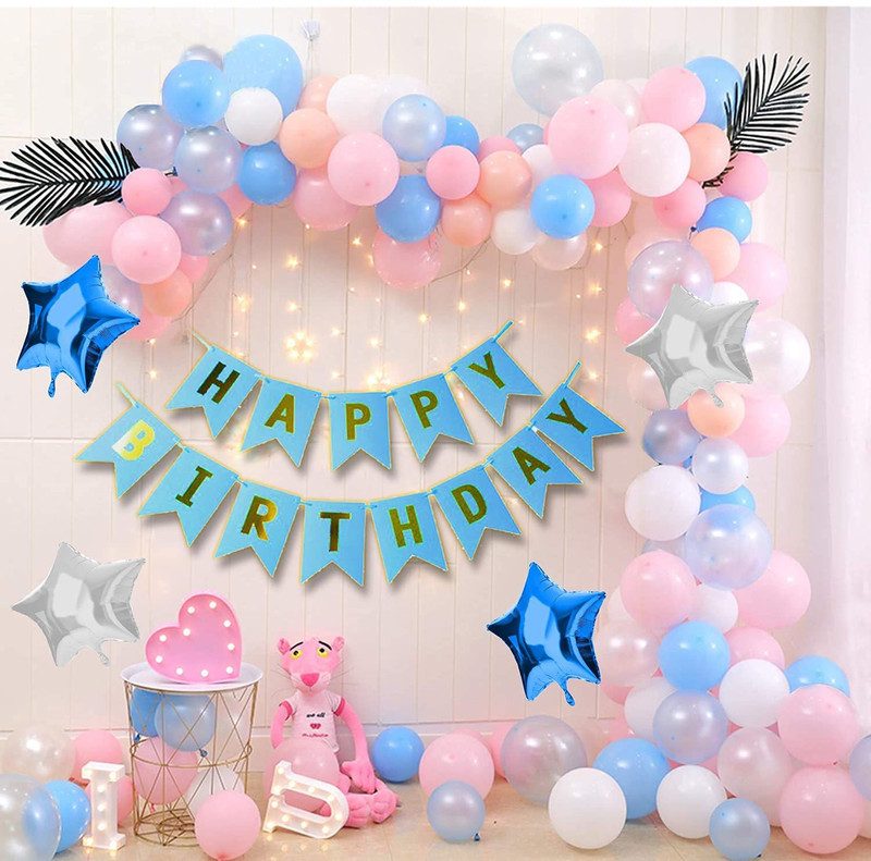 Hemito Happy Birthday Decoration Kit 80pc Combo with Birthday Banner Blue Color, Pink, Blue, White (60 Balloon) & 4pc Star Foil Balloon, 1pc Light, Ribbon, Balloon Arch for Birthday Decoration(Set of 68)