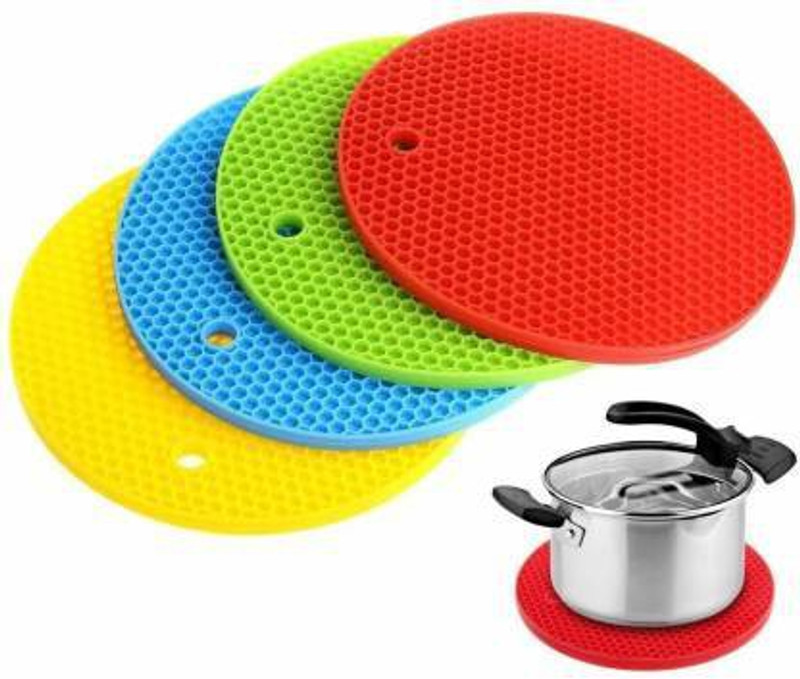 Puno Round Silicone Hot Pot Holder Mat Heat Resistant Disc Pads Kitchen Insulation Anti-Slip Coasters Dining Table Mat (Pack of 4, Multicolor) mat finish Trivet(Pack of 4)