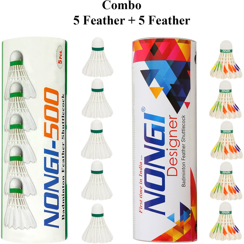Nongi Badminton shuttle (500 & D6) combo pack of 10 shuttle for indoor outdoor sports Feather Shuttle - White(Medium, 77, Pack of 10)