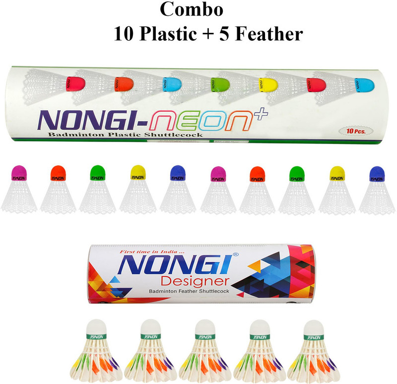 Nongi Badminton shuttle (D6 & 200plus) combo pack of 15 Feather & Plastic Shuttle - Multicolor(Medium, 77, Pack of 15)