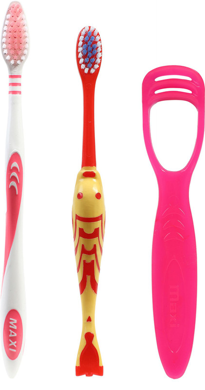 Maxi Oral Care Junior Hygiene Combo Pack of 8-(4 Kids) Toffee Junior Toothbrush & (4 TC) 1 Number Tongue Cleaner(8 Items in the set)