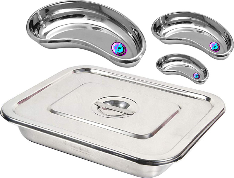 AMAZECARE Stainless Steel Medical Reusable Instrument Tray (9'' X 6'') inch with lid & Kidney Tray 200mm (8” inch) Reusable Medical Tray