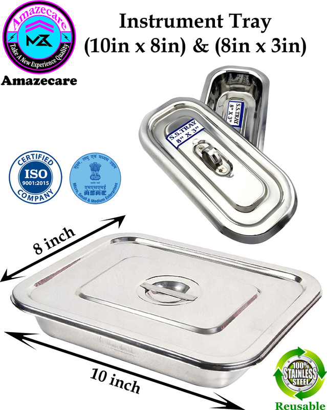 AMAZECARE Stainless Steel Medical Reusable Instrument Tray (9”inch x 6”inch) with lid & Set Of 3 Kidney Tray 250mm (10''in), 200mm (8”in), 150mm (6''in) Reusable Medical Tray
