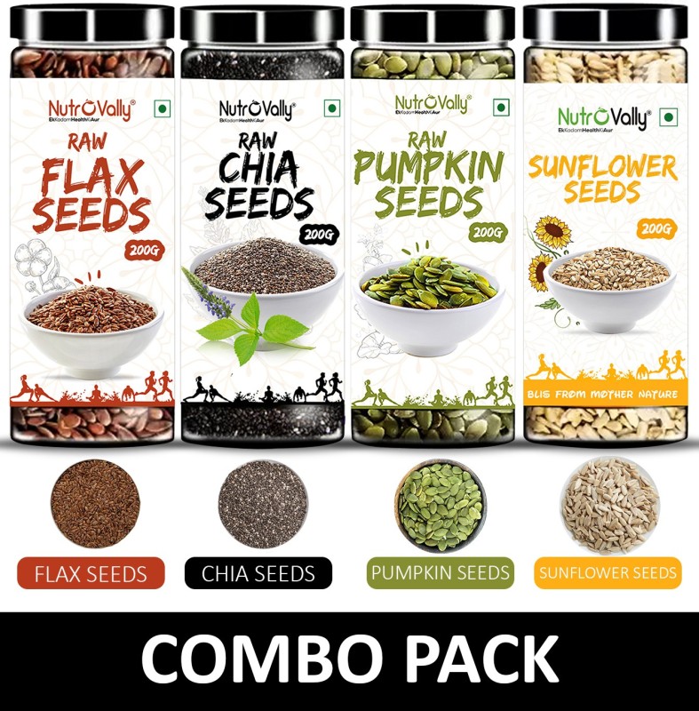 NutroVally Raw Chia Seeds, Flax Seeds, Pumpkin Seeds, Sunflower Seeds Combo Loaded with Omega 3, Zinc, Fiber, Calcium, Protein for weight loss,…