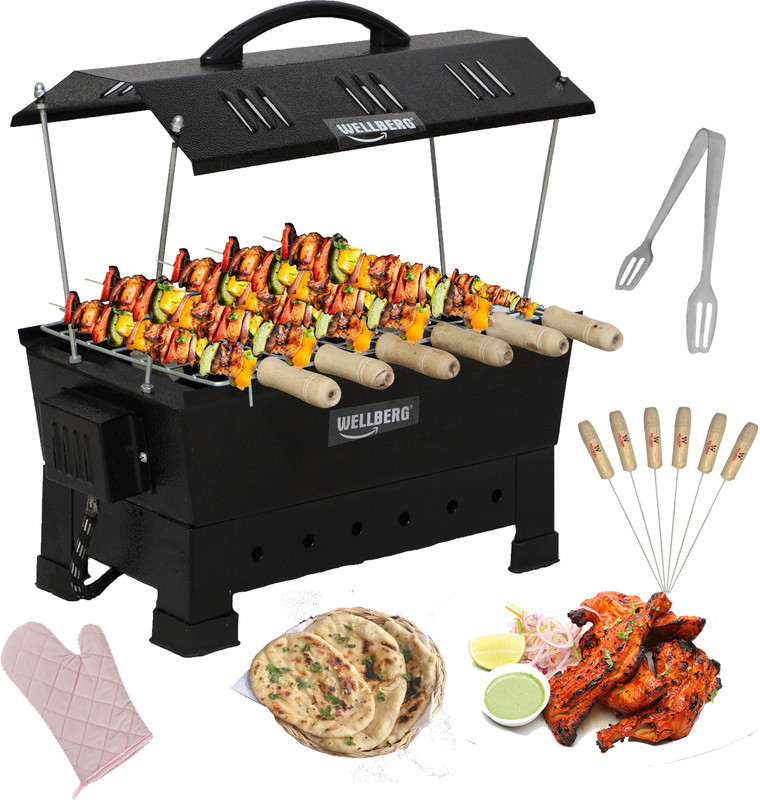 WELLBERG Style Electric Charcoal Barbeque Grill & Tandoor with 6 Wooden Handle Skewers Stainless Steel Tong Electric Grill Electric Tandoor Electric Tandoor(Black)