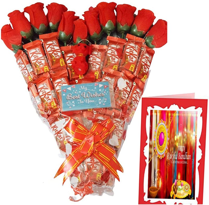 Holy Krishna Heart Shape Bouquet Of KitKat chocolates Pack Of 10 for Best Wishes & Happy Rakshabandhan to all Brothers and Sisters Card with Soft Toy & Message Card + Laxmi ATM Card (All Items As Shown in Image) Plastic Gift Box(Multicolor)