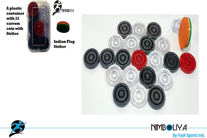 NIMBOLIYA Transparent R-22 coin/pawn & Indian flag color strikers with ( with carry box) Carrom Pawns(Pack of 22)